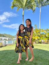 Load image into Gallery viewer, Black and Yellow Puakenikeni Pikake Girls Bow Twirl Dress
