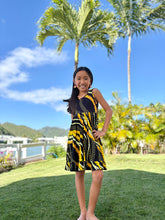 Load image into Gallery viewer, Black and Yellow Puakenikeni Pikake Girls Bow Twirl Dress