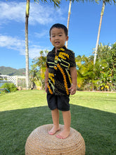 Load image into Gallery viewer, Black and Yellow Puakenikeni Pikake Boys Aloha Shirt