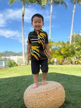 Load image into Gallery viewer, Black and Yellow Puakenikeni Pikake Boys Aloha Shirt