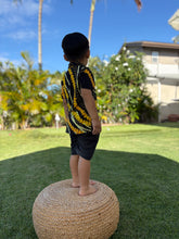 Load image into Gallery viewer, Black and Yellow Puakenikeni Pikake Boys Aloha Shirt
