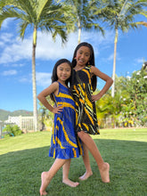 Load image into Gallery viewer, Black and Yellow Puakenikeni Pikake Girls Bow Twirl Dress