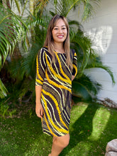 Load image into Gallery viewer, Black and Yellow Puakenikeni Pikake 3/4 Sleeve Dress