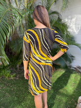 Load image into Gallery viewer, Black and Yellow Puakenikeni Pikake 3/4 Sleeve Dress