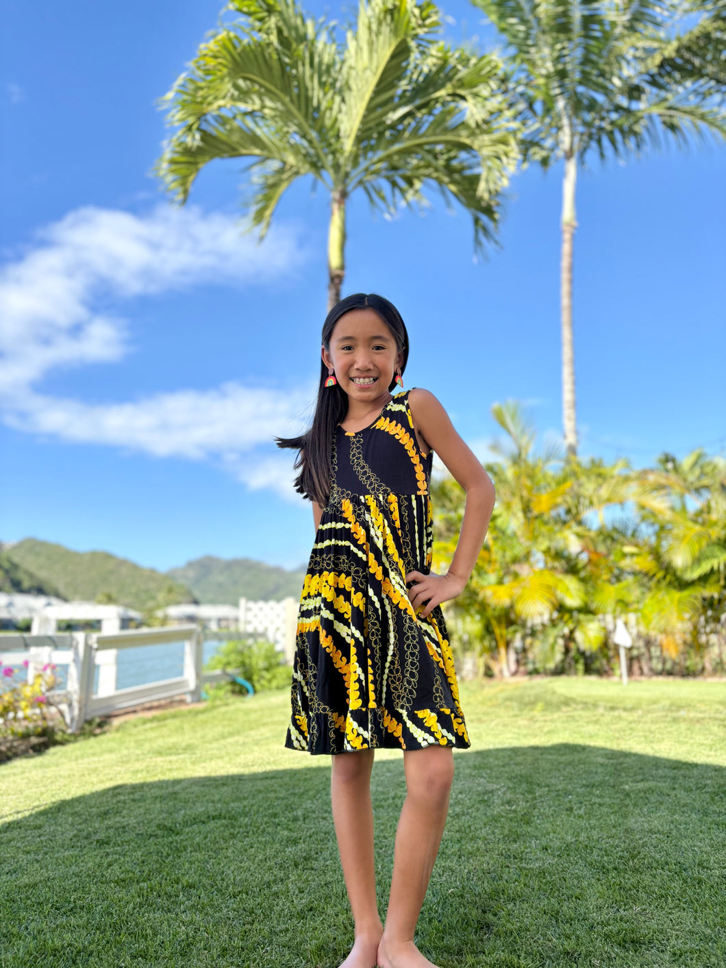 Black and Yellow Puakenikeni Pikake Girls Bow Twirl Dress