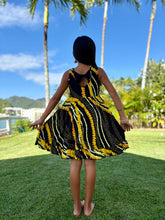 Load image into Gallery viewer, Black and Yellow Puakenikeni Pikake Girls Bow Twirl Dress
