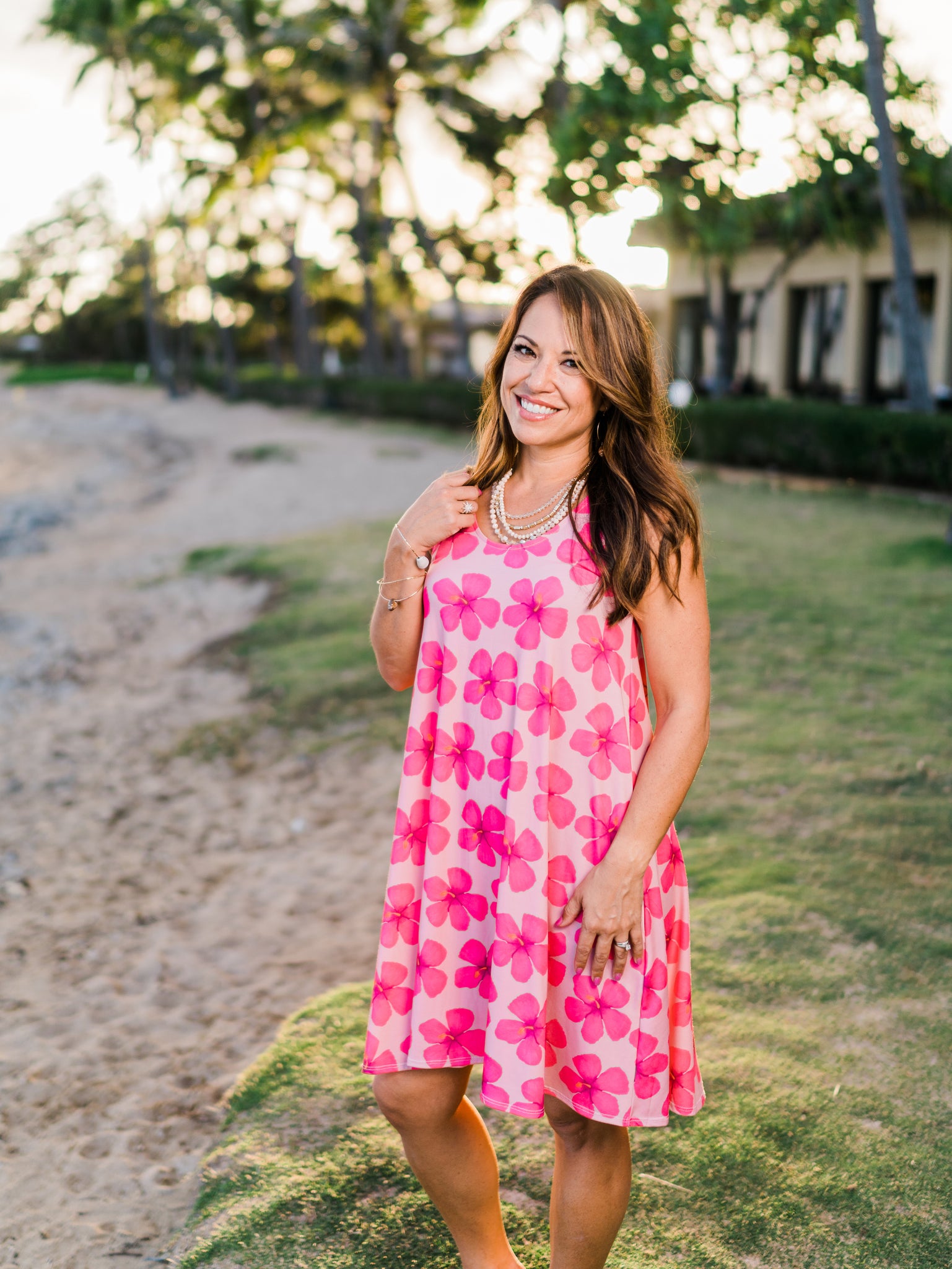 pink hawaiian dress Cotton Hibiscus Ruffle | 3/4 Sleeve Tropical Style from Princess Kaiualni Fashions and stylish. Temmie Pink Hibiscus Print Strapless